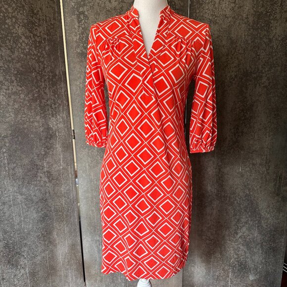 Banana Republic Orange & White Geometric Print 3/4 Sleeve Sheath Dress - Picture 1 of 8